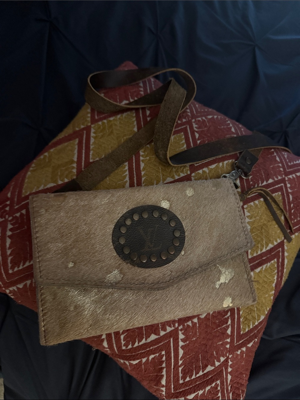 Brown Haircalf Crossbody Bag with Leather Medallion Accent